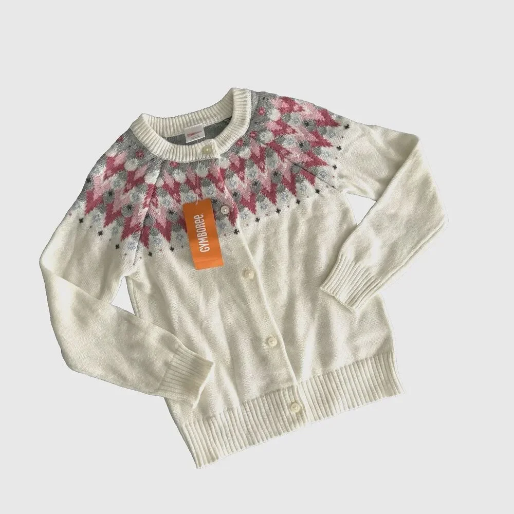 Gymboree Girls S 5/6 Fair Isle Cardigan Sweater Ivory Pink Gray Argyle 2015 NWT